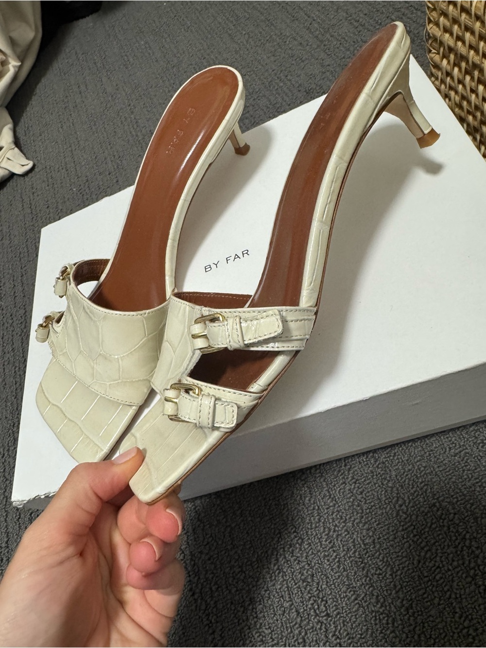 By Far Roni Cream Croco Embossed Leather Sandal